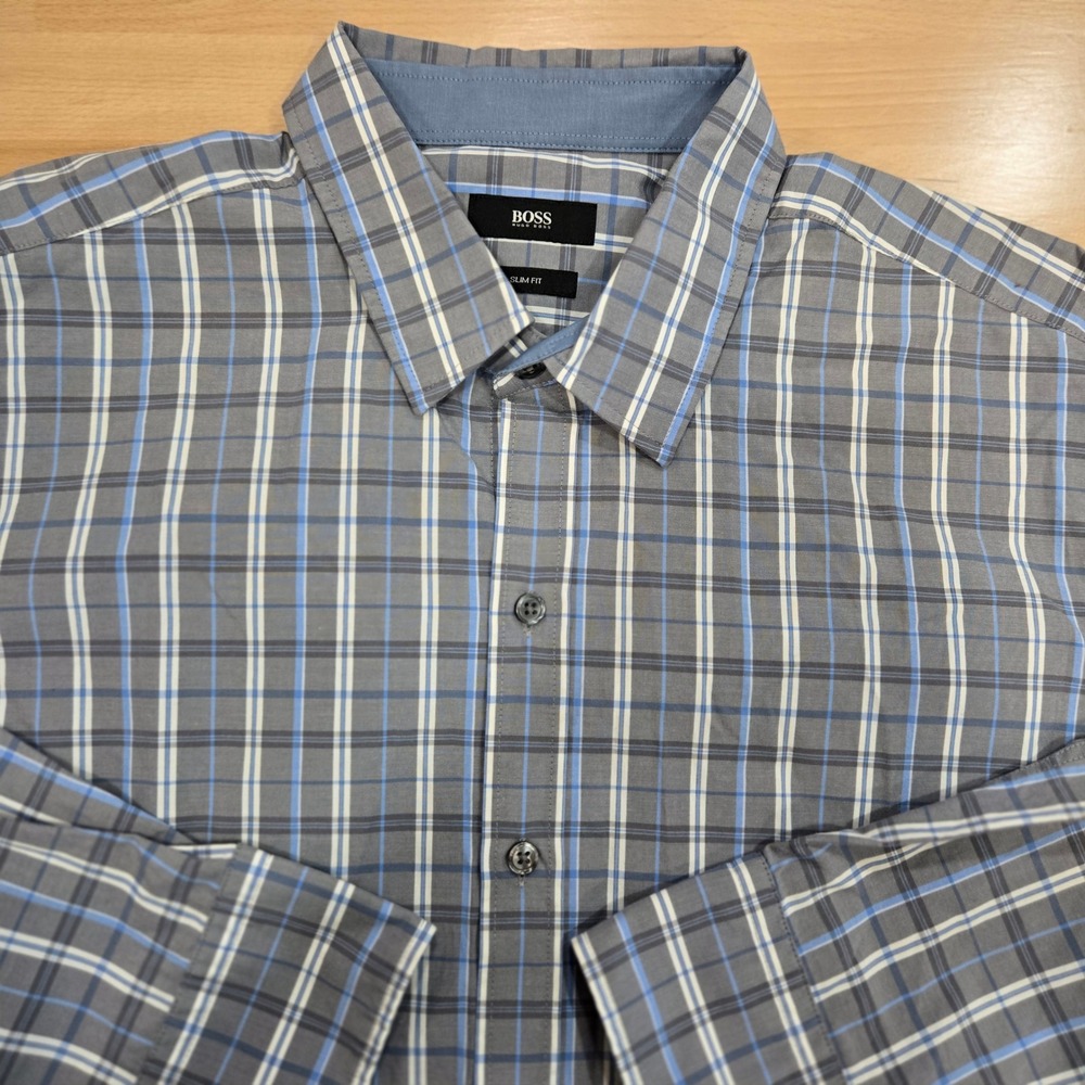 BOSS Hugo Boss XL Slim Fit Gray Blue Plaid Button Down Long Sleeve Shirt